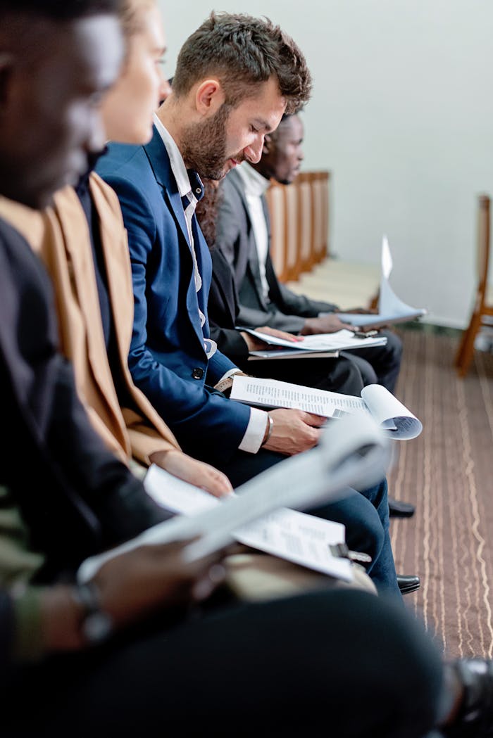 Business professionals in a corporate meeting reviewing documents indoors.